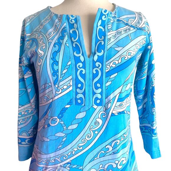 Barbara Gerwit Baby Blue Paisley Print 3/4 Sleeve Slit Neck Summer Mini Dress - Picture 3 of 6